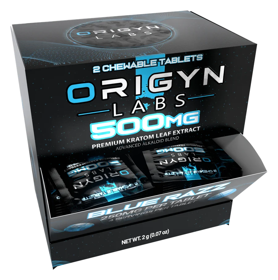Origyn Labs Blue Razz counter display, 20 packs