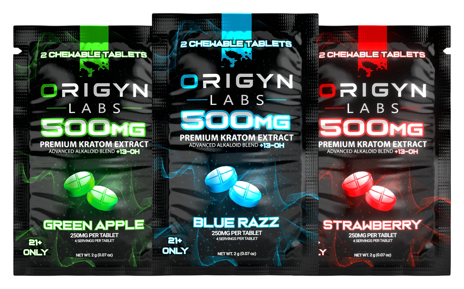 Origyn Labs Green Apple, Blue Razz and Strawberry packs